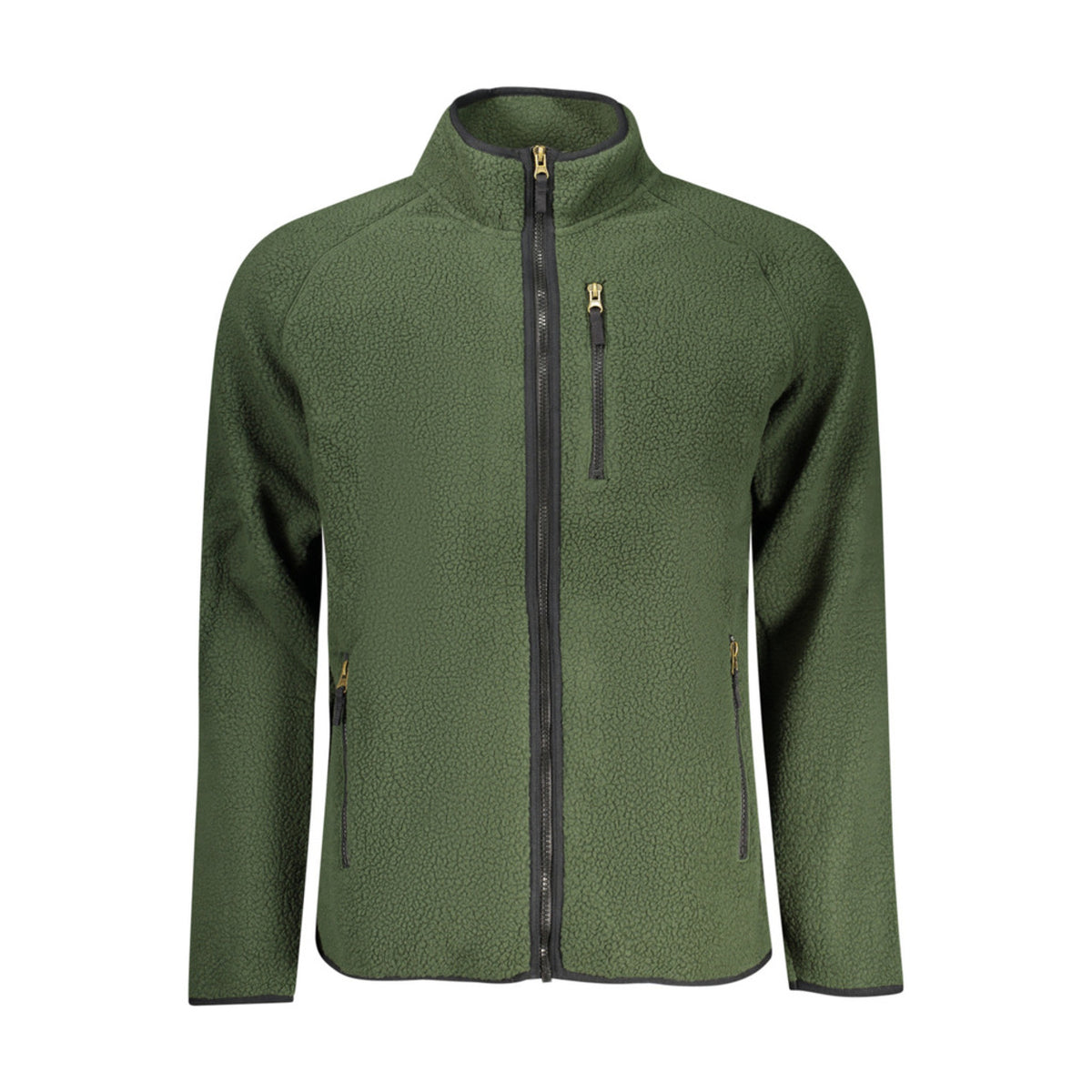 Urban Faden Herren Fleece-Zip-Jacke in Dunkelgrün – Vorderansicht mit Logo-Patch