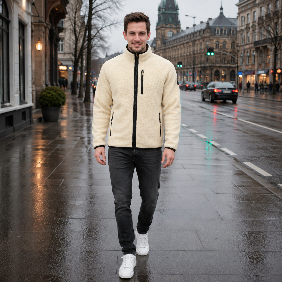 Urban Faden Herren Fleece-Zip-Jacke – Seitenansicht mit Reißverschlusstaschen