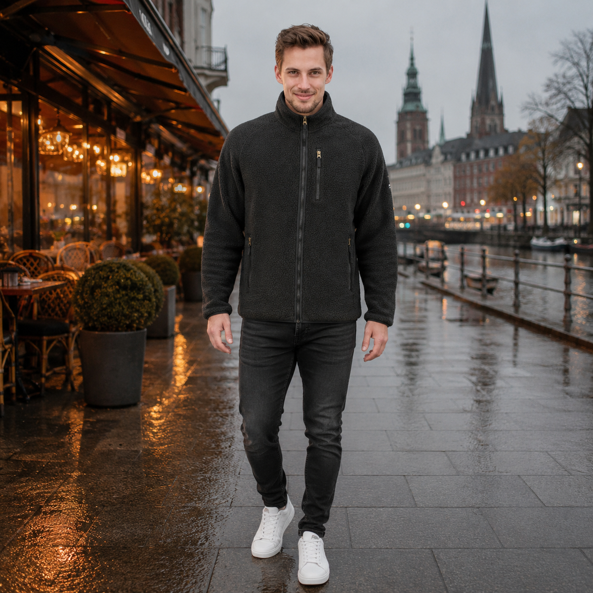 Urban Faden Herren Fleece-Zip-Jacke – Vorderansicht, Regular Fit, Langarm 