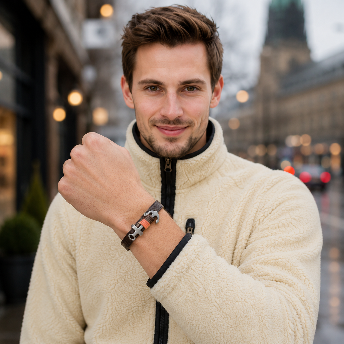 Urban Faden Herren Ankerarmband – Mann trägt das Armband am Handgelenk, urbaner Alltagslook