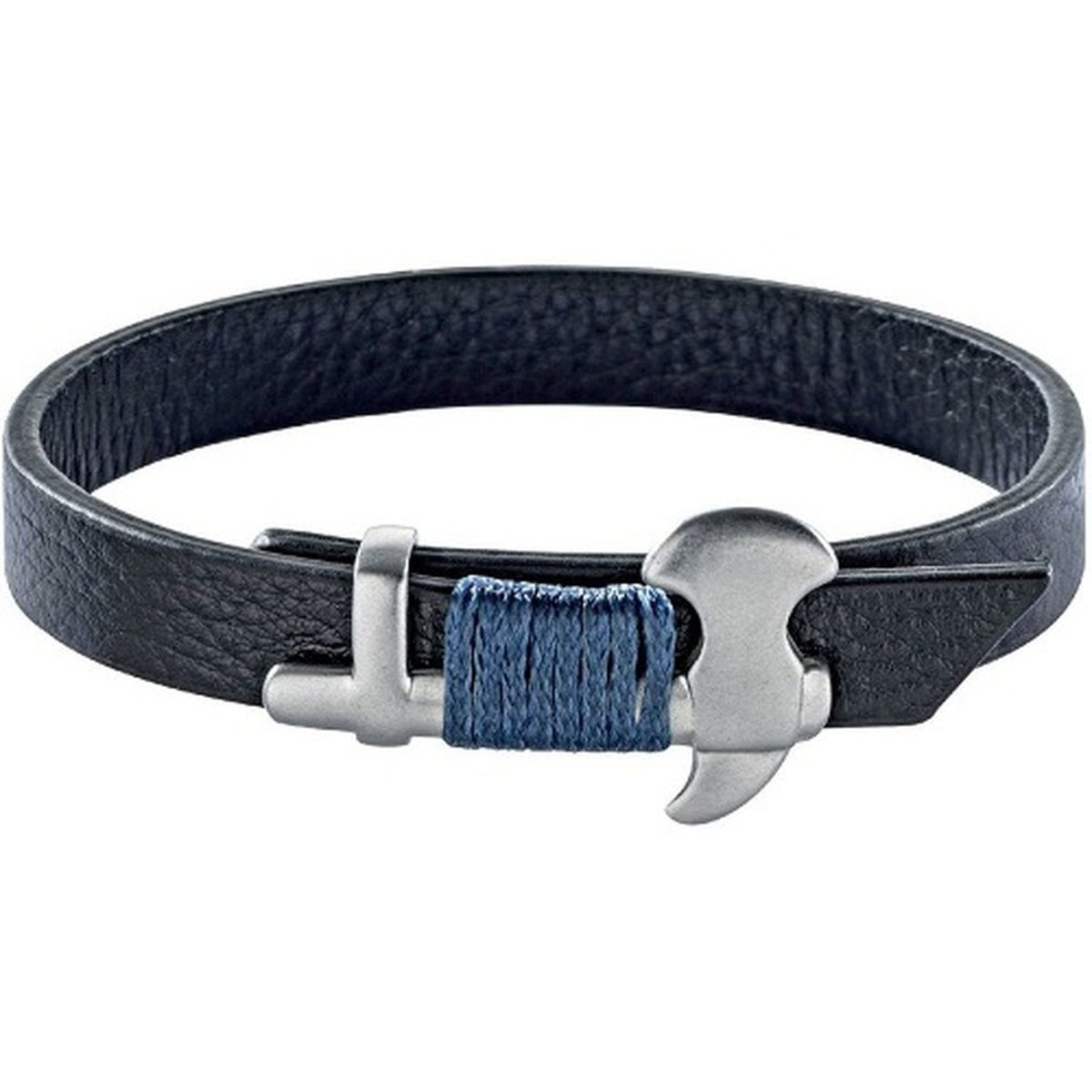 	Urban Faden Herren Ankerarmband in Schwarz – Echtleder mit silbernem Anker-Verschluss und blauer Garnwicklung