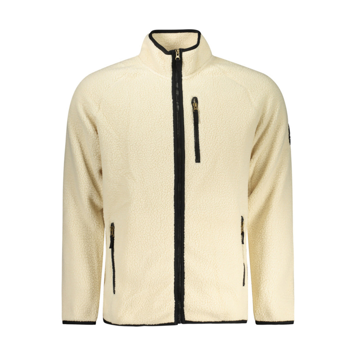 Urban Faden Herren Fleece-Zip-Jacke in Creme – Vorderansicht mit schwarzem Reißverschluss und Logo-Patch