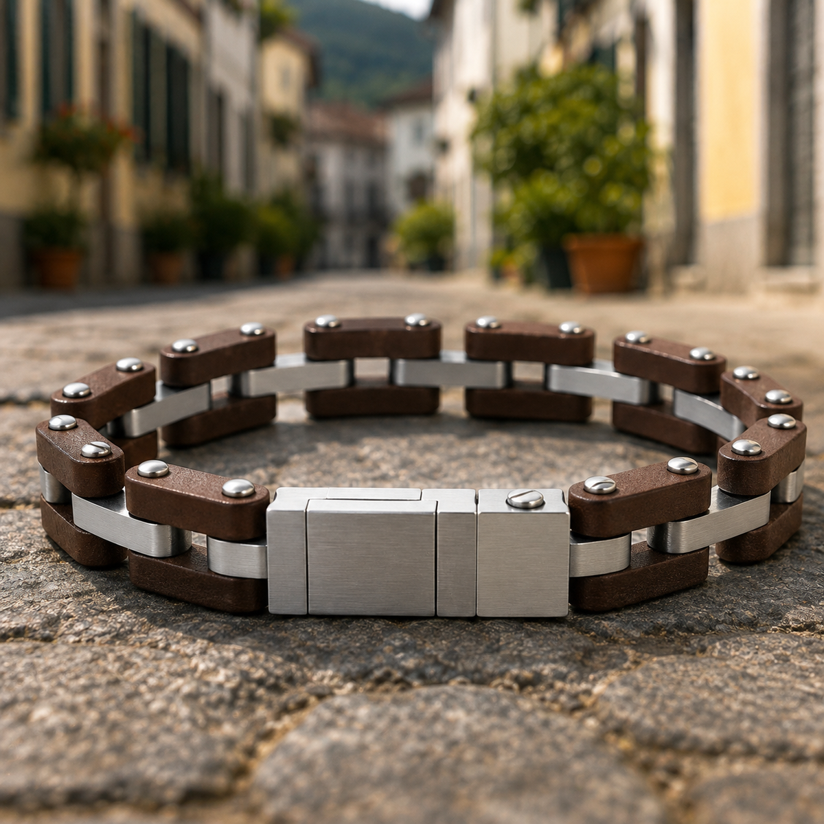 Urban Faden Herren Gliederarmband in Braun – Detailansicht am Handgelenk, urbaner Alltagslook