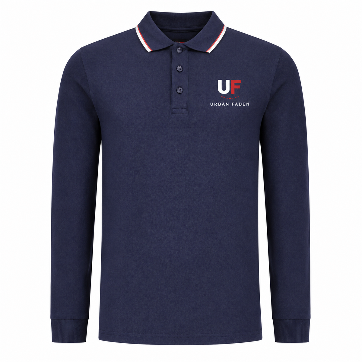 Urban Faden Herren Langarm-Poloshirt in Braun – Vorderansicht mit Polokragen, Grau-Weiß-Kontraststreifen und Urban Faden Logo-Stickerei