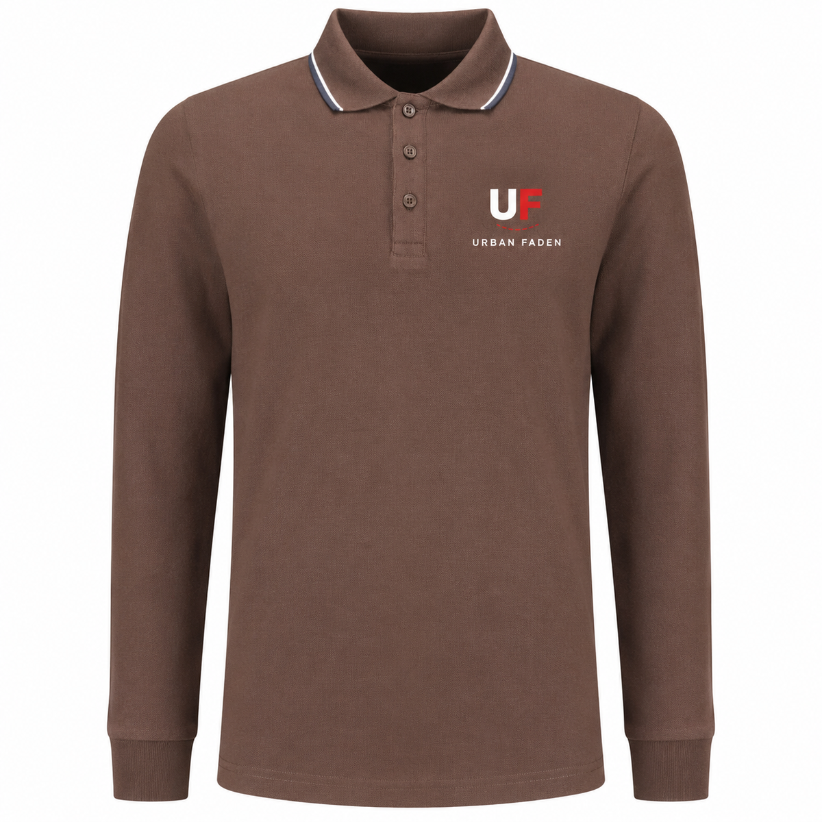 Urban Faden Herren Langarm-Poloshirt in Braun – Vorderansicht mit Polokragen, Grau-Weiß-Kontraststreifen und Urban Faden Logo-Stickerei