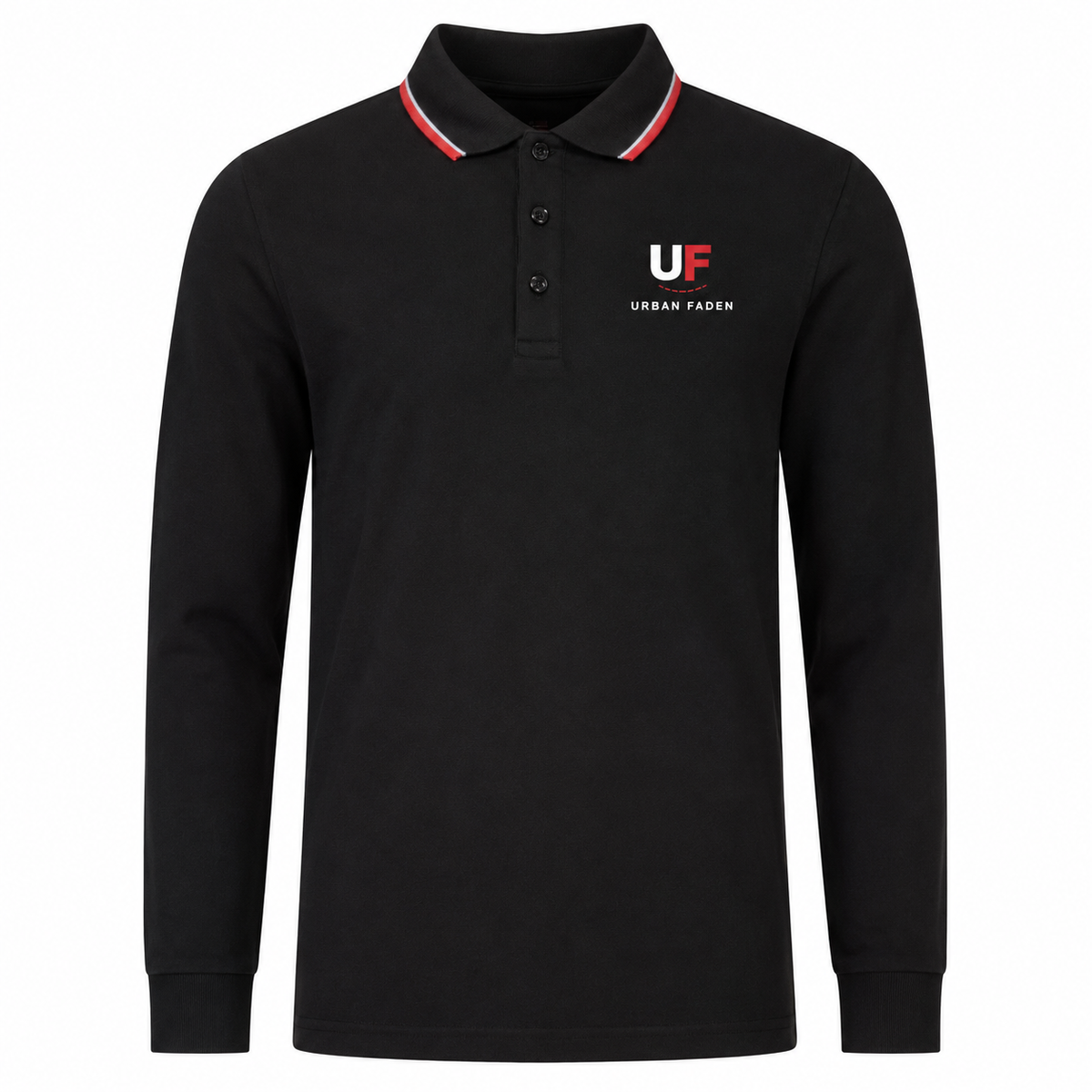 Urban Faden Herren Langarm-Poloshirt in Marineblau – Vorderansicht mit Polokragen, Rot-Weiß-Kontraststreifen und Urban Faden Logo-Stickerei