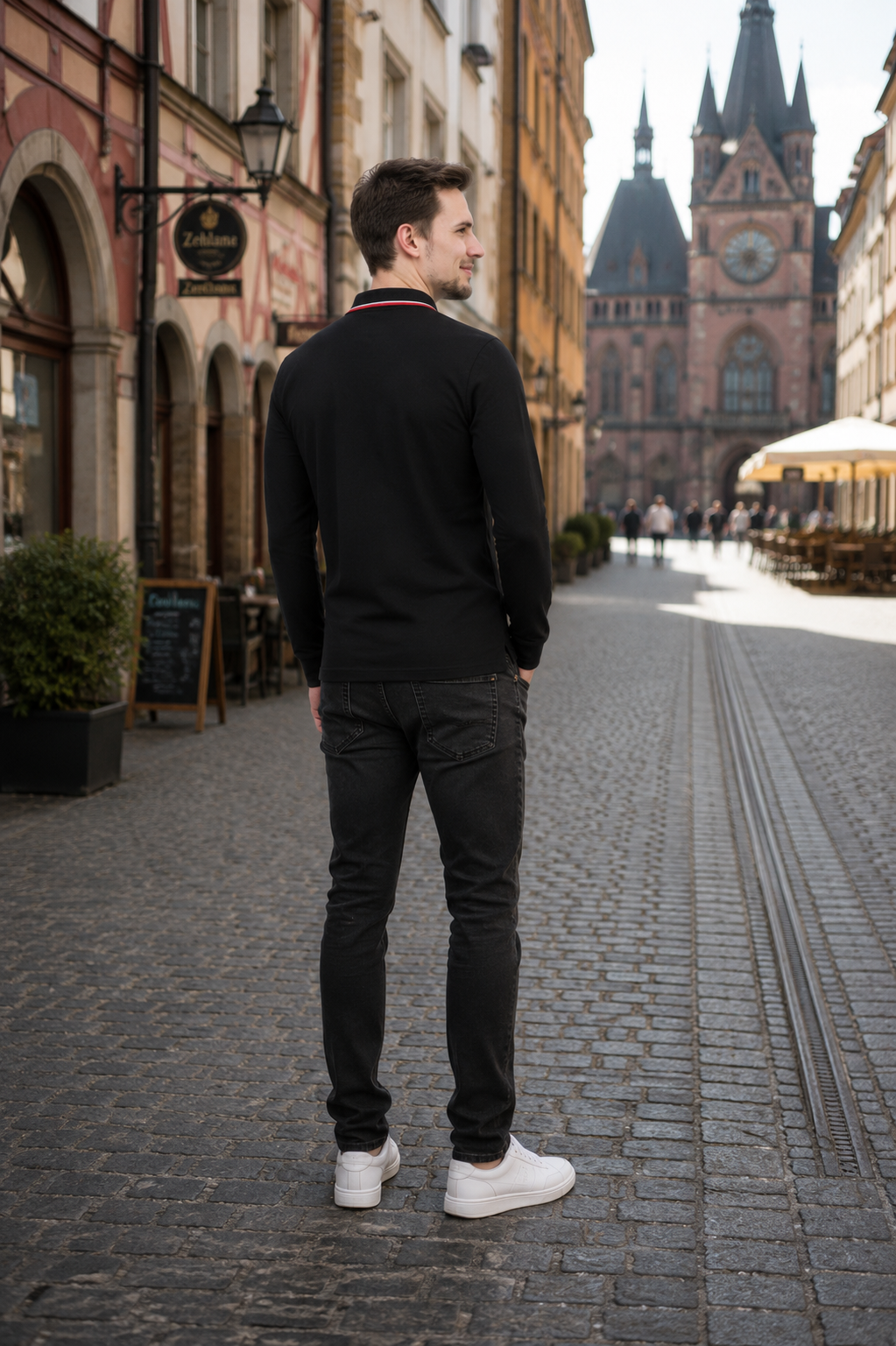 Urban Faden Herren Langarm-Poloshirt in Schwarz – Mann trägt das Shirt auf der Straße, urbaner Alltagslook
