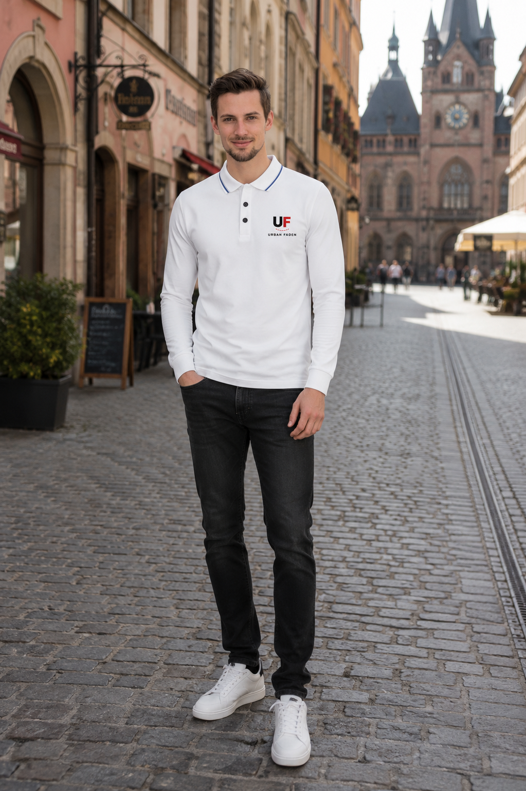 Urban Faden Herren Langarm-Poloshirt in Weiß – Mann trägt das Shirt auf der Straße, urbaner Alltagslook