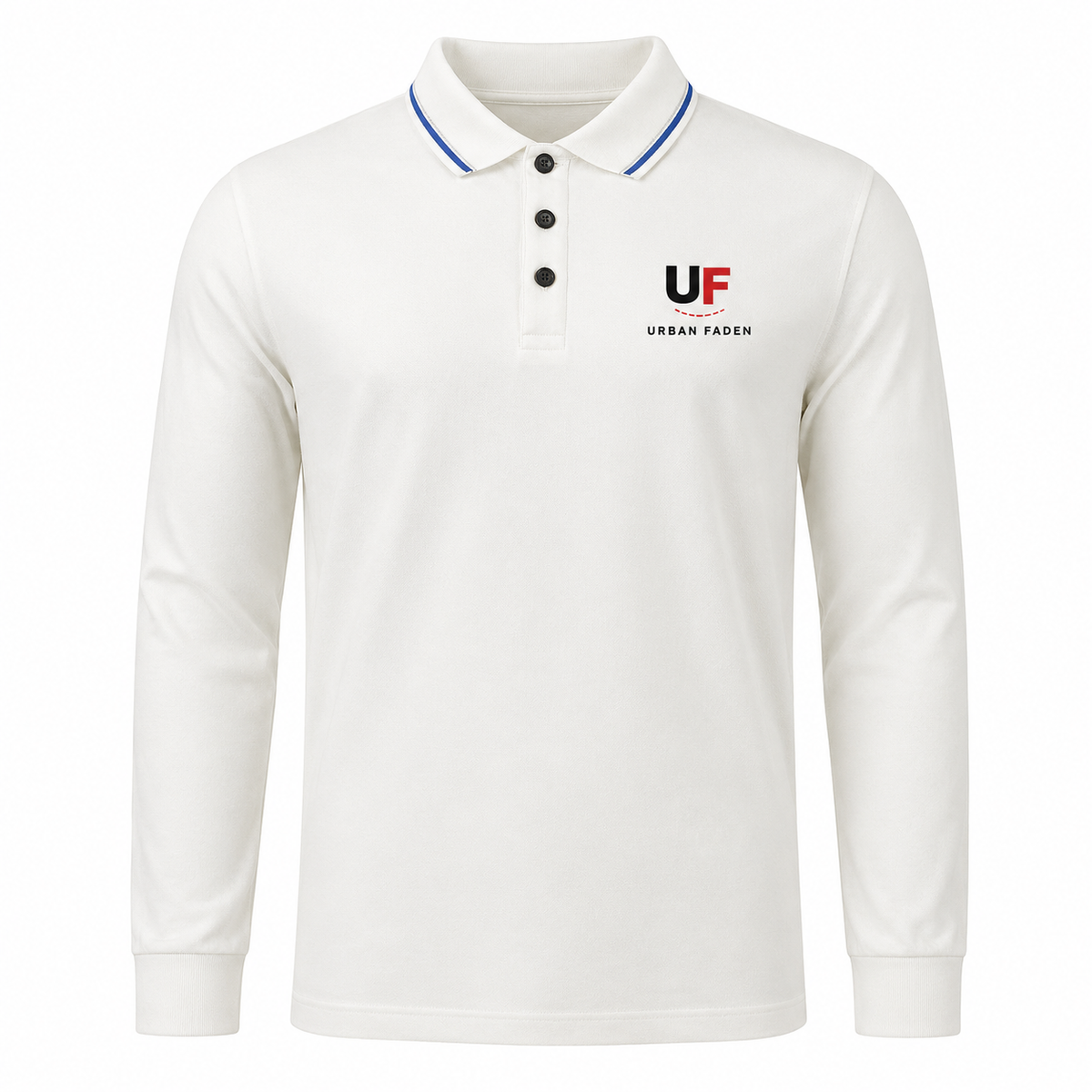 Urban Faden Herren Langarm-Poloshirt in Weiß – Vorderansicht mit Polokragen, Blau-Kontraststreifen und Urban Faden Logo-Stickerei