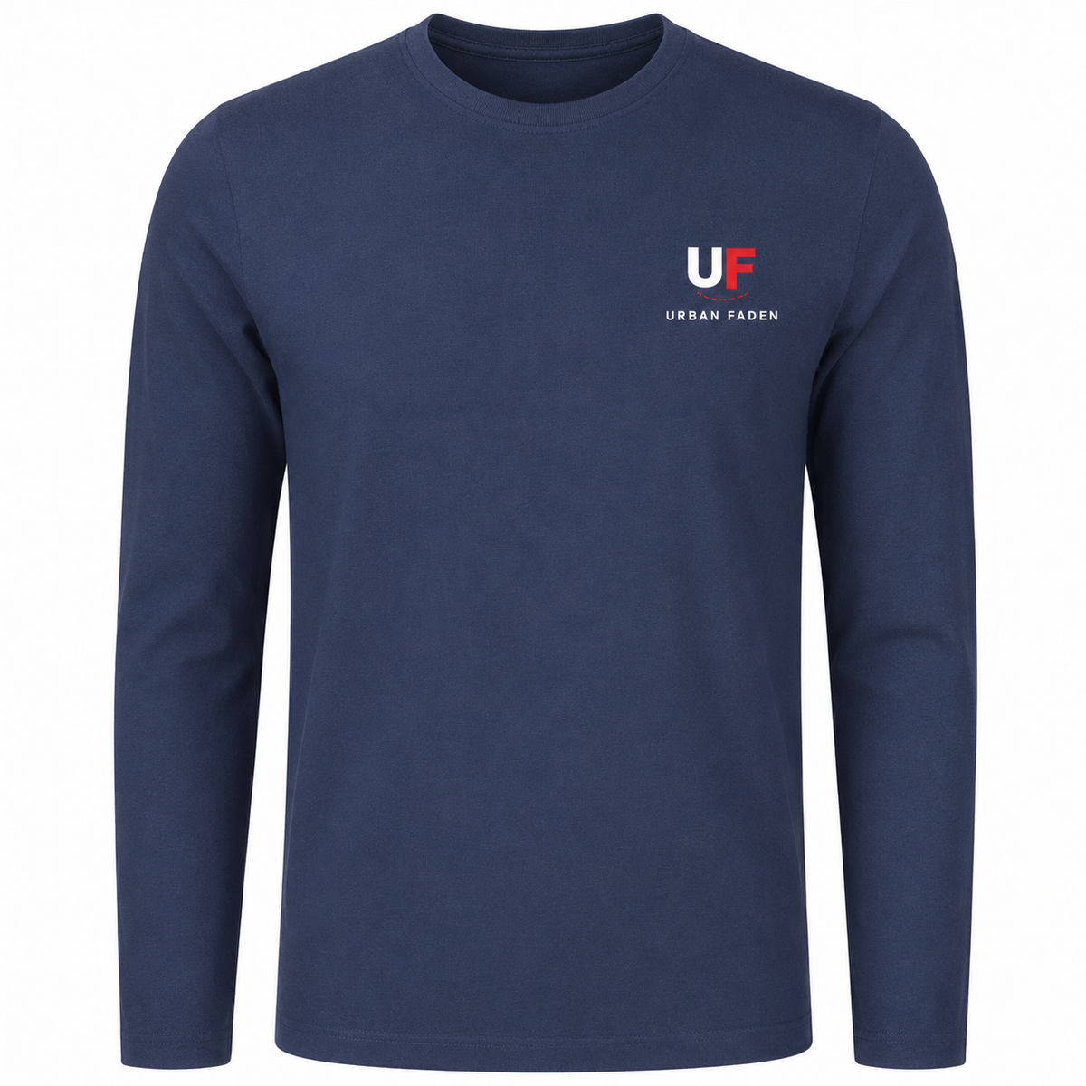 Urban Faden Herren Langarmshirt in Marineblau – Vorderansicht mit Urban Faden Logo-Druck auf der linken Brust