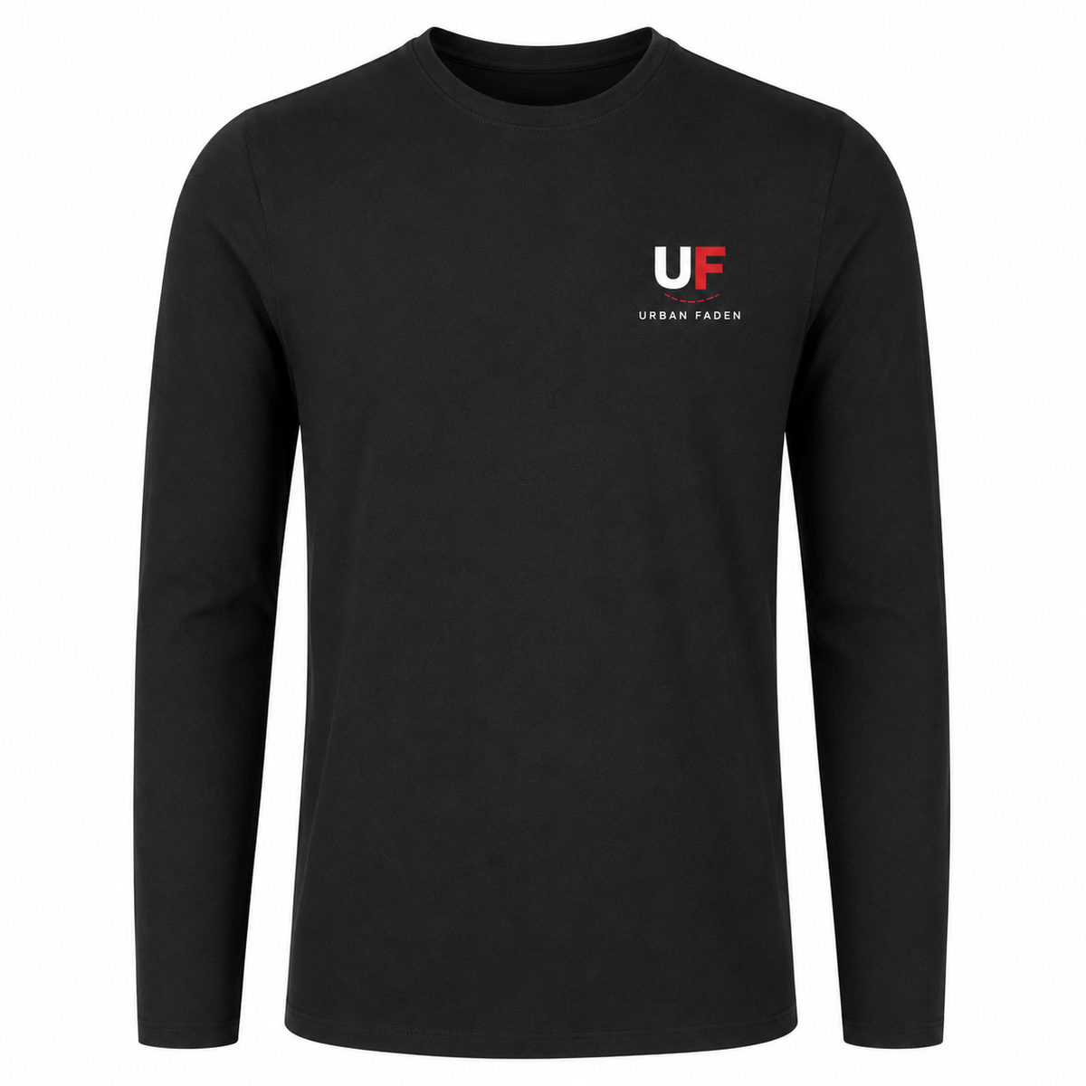 Urban Faden Herren Langarmshirt in Schwarz – Vorderansicht mit Urban Faden Logo-Druck auf der linken Brust