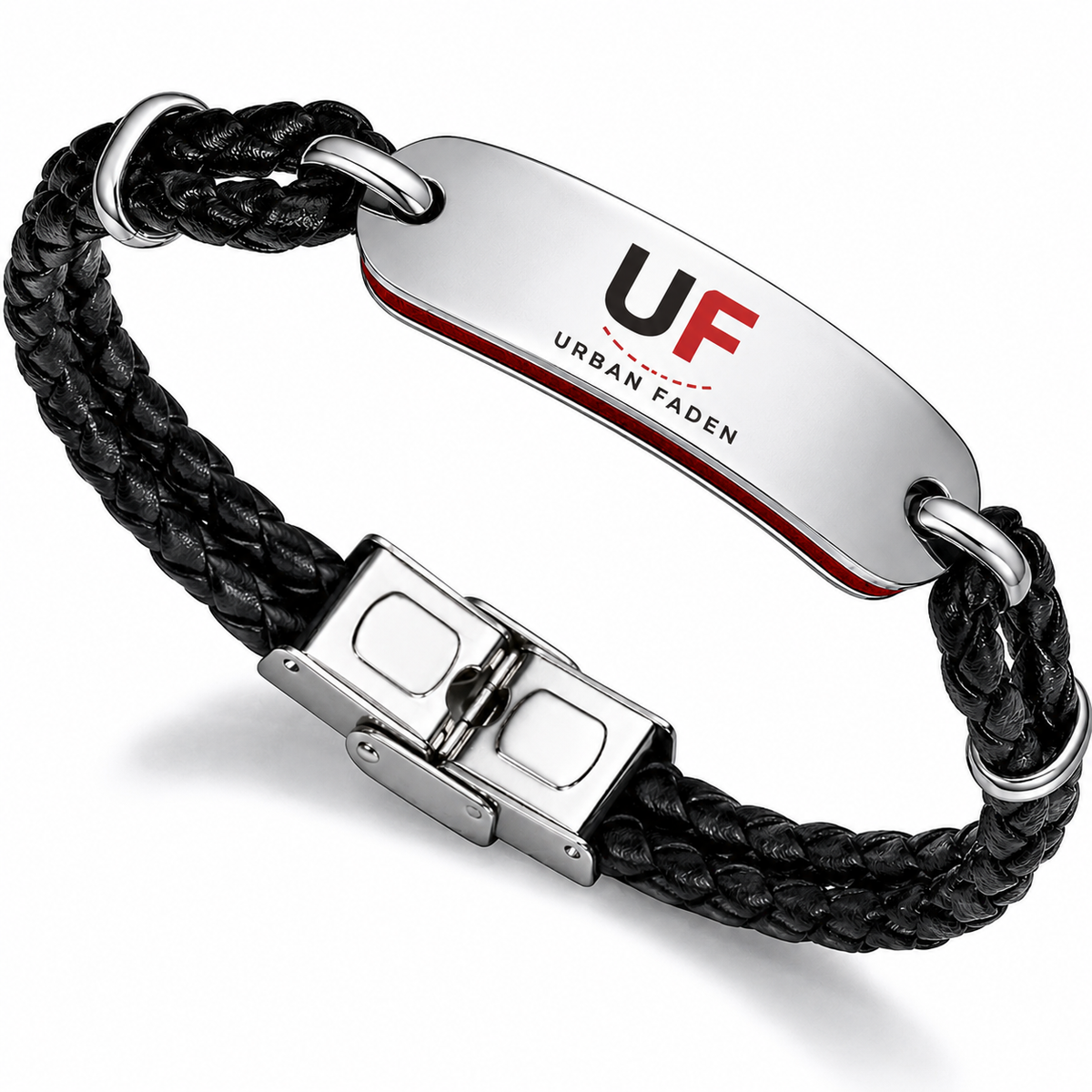 Urban Faden Herren Lederarmband in Schwarz – geflochtenes Echtleder mit polierter Edelstahlplatte, Urban Faden Logo-Gravur und Magnetverschluss