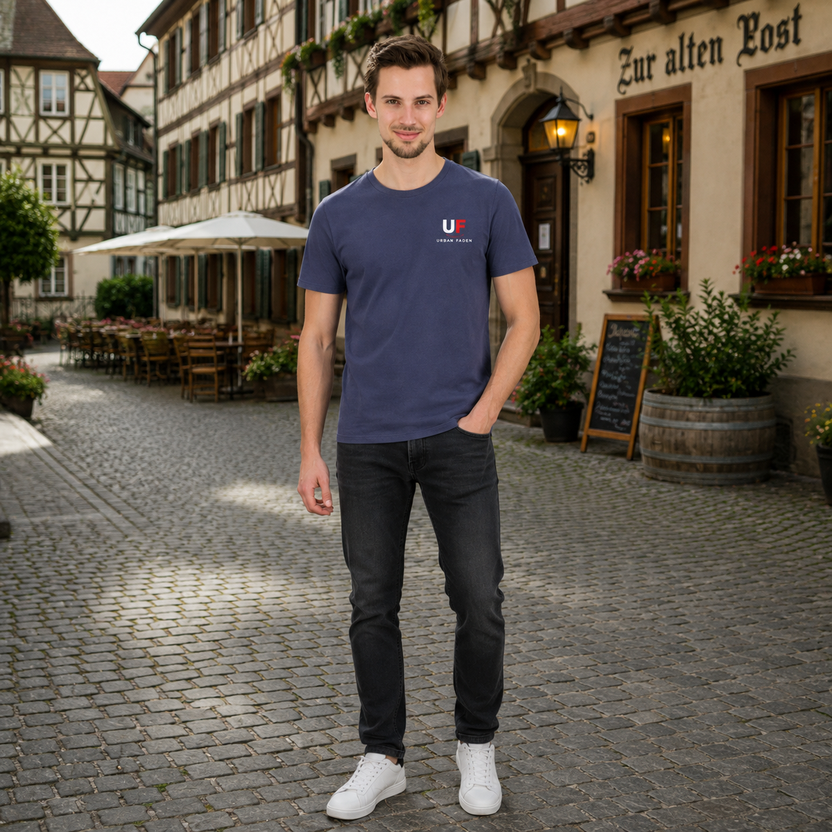 Urban Faden Herren T-Shirt – Vorderansicht, weicher Baumwollstoff, Kurzarm