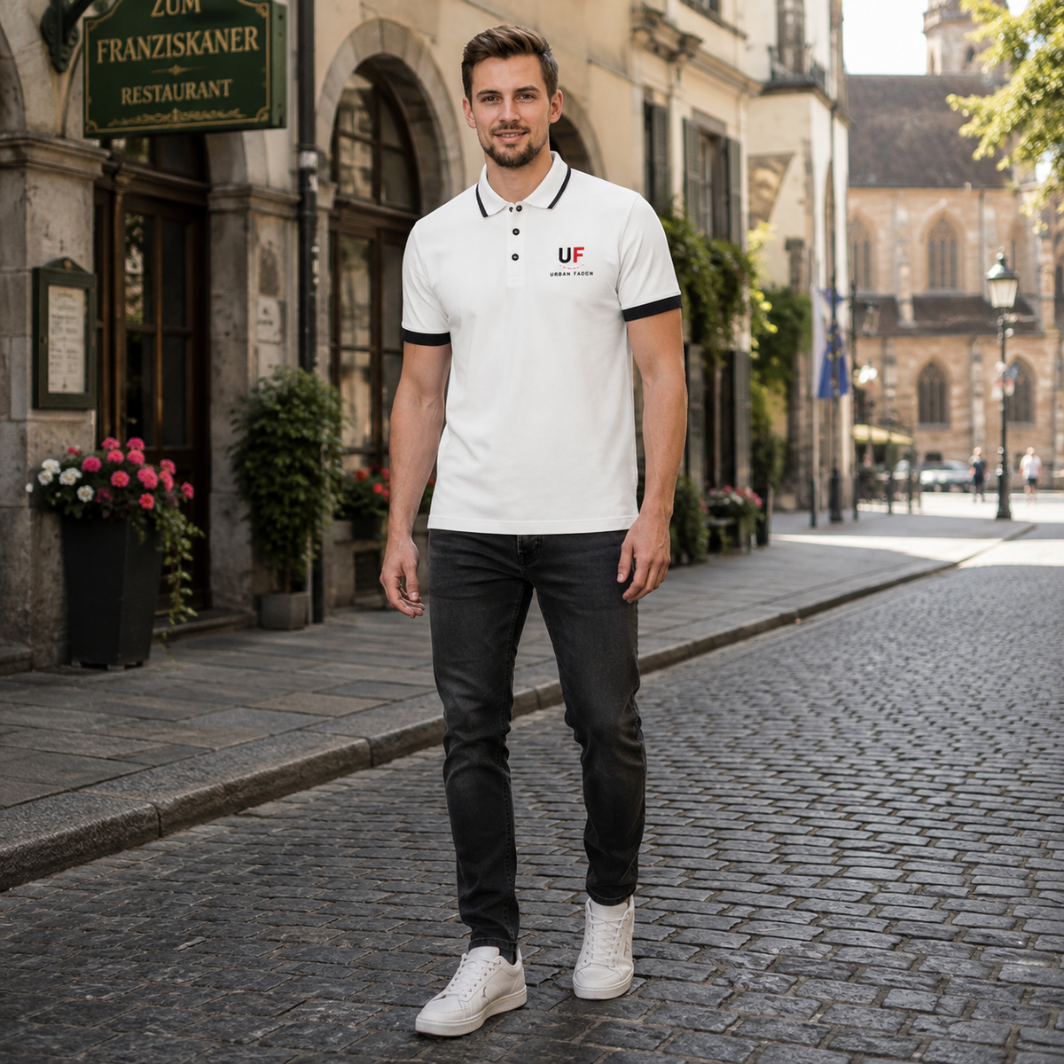 Urban Faden Herren Polo-Shirt – erhältlich in Weiß