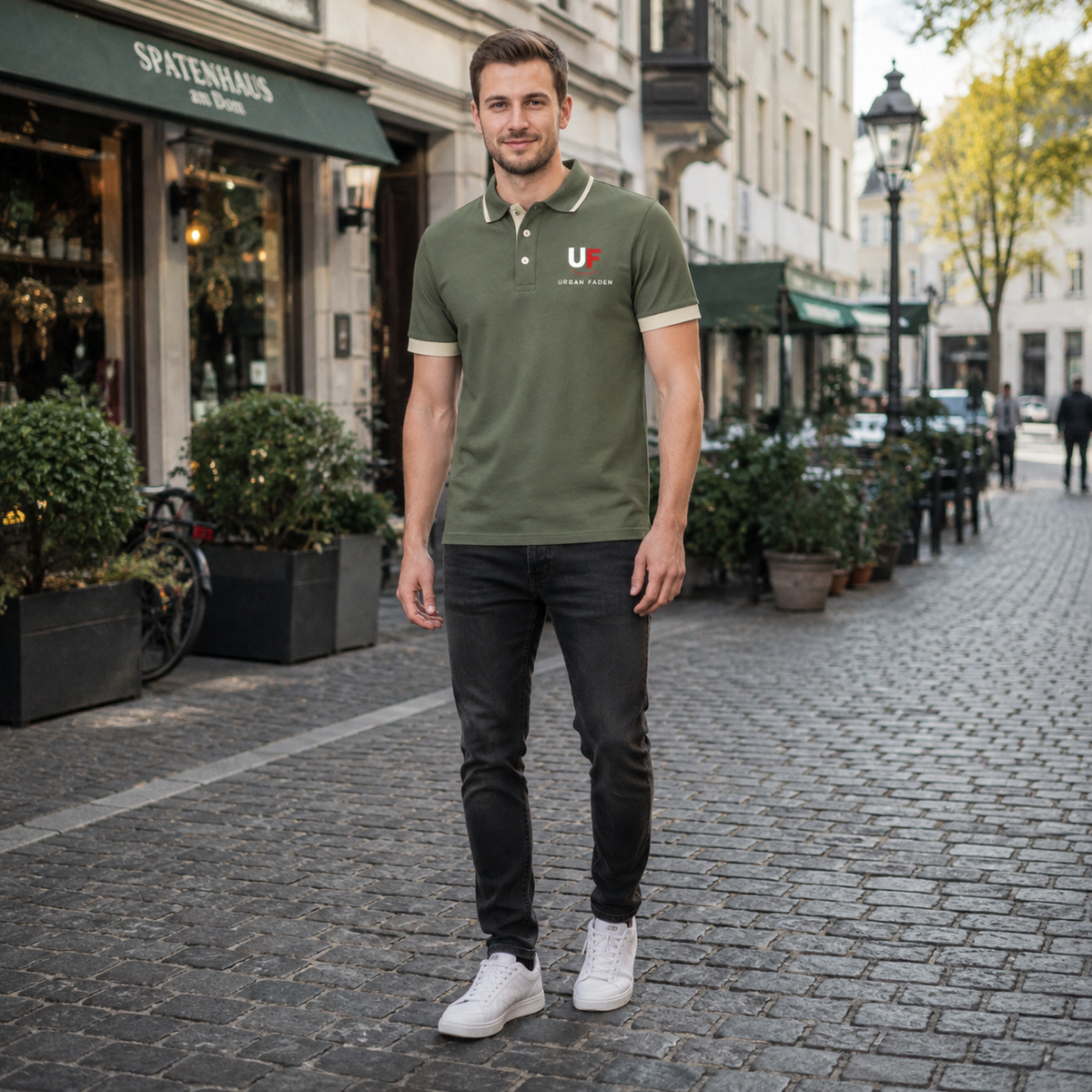 Urban Faden Herren Polo-Shirt Olivgrün – Rückenansicht