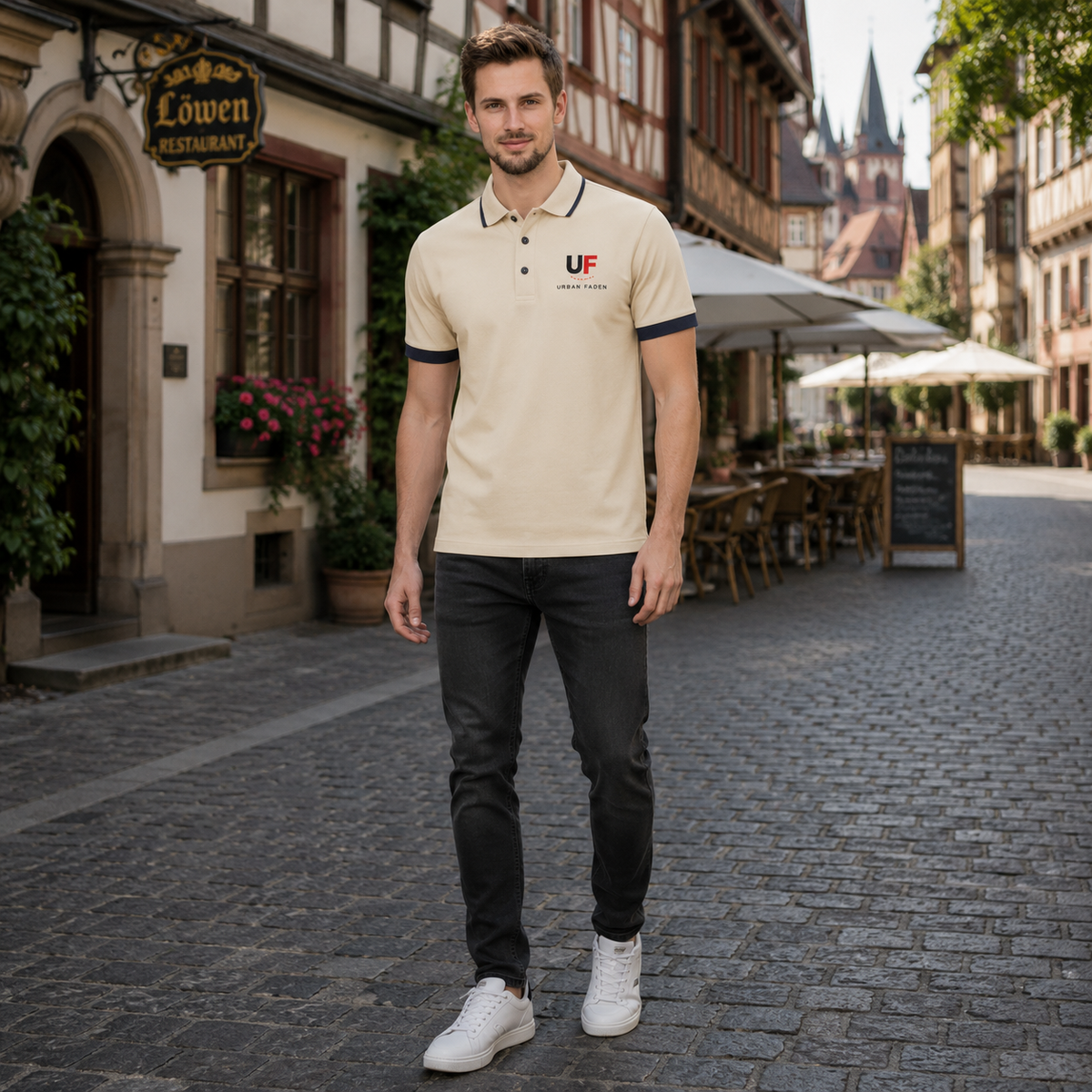 Urban Faden Herren Polo-Shirt – Ärmeldetail mit cremefarbenem Kontrastabschluss
