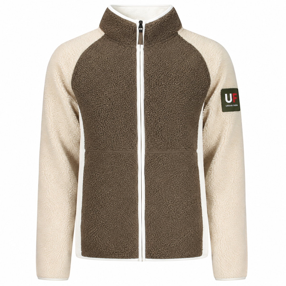 Urban Faden Herren Sherpa-Fleece-Zip-Jacke Creme-Olivbraun – Vorderansicht, zweifarbiges Design