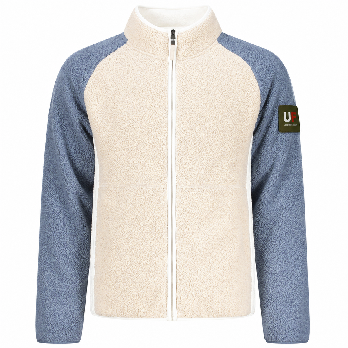 Urban Faden Herren Sherpa-Fleece-Zip-Jacke Creme-Stahlblau – Vorderansicht mit Raglan-Ärmeln und Logo-Patch