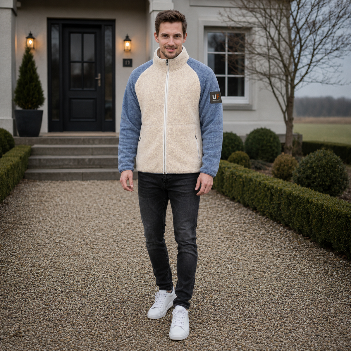 Urban Faden Herren Sherpa-Fleece-Zip-Jacke – erhältlich in Creme-Stahlblau, Creme-Olivbraun und Marineblau-Grau, Größen S–2XL