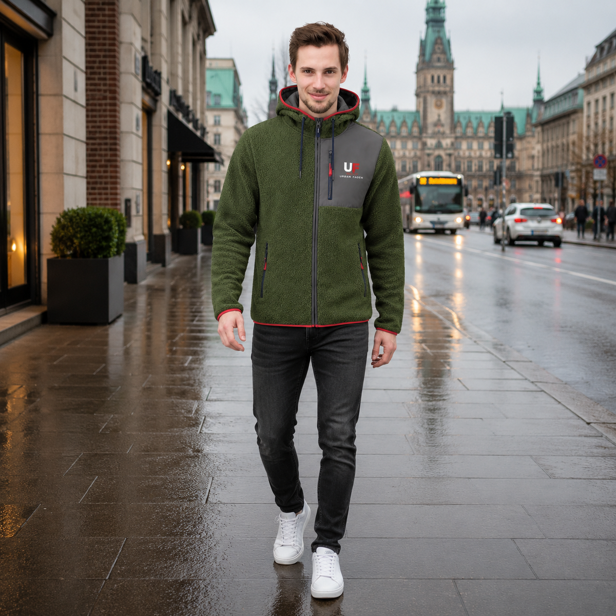 Urban Faden Sherpa-Hoodie-Zip-Jacke – Detailansicht Kapuze mit Kordelzug