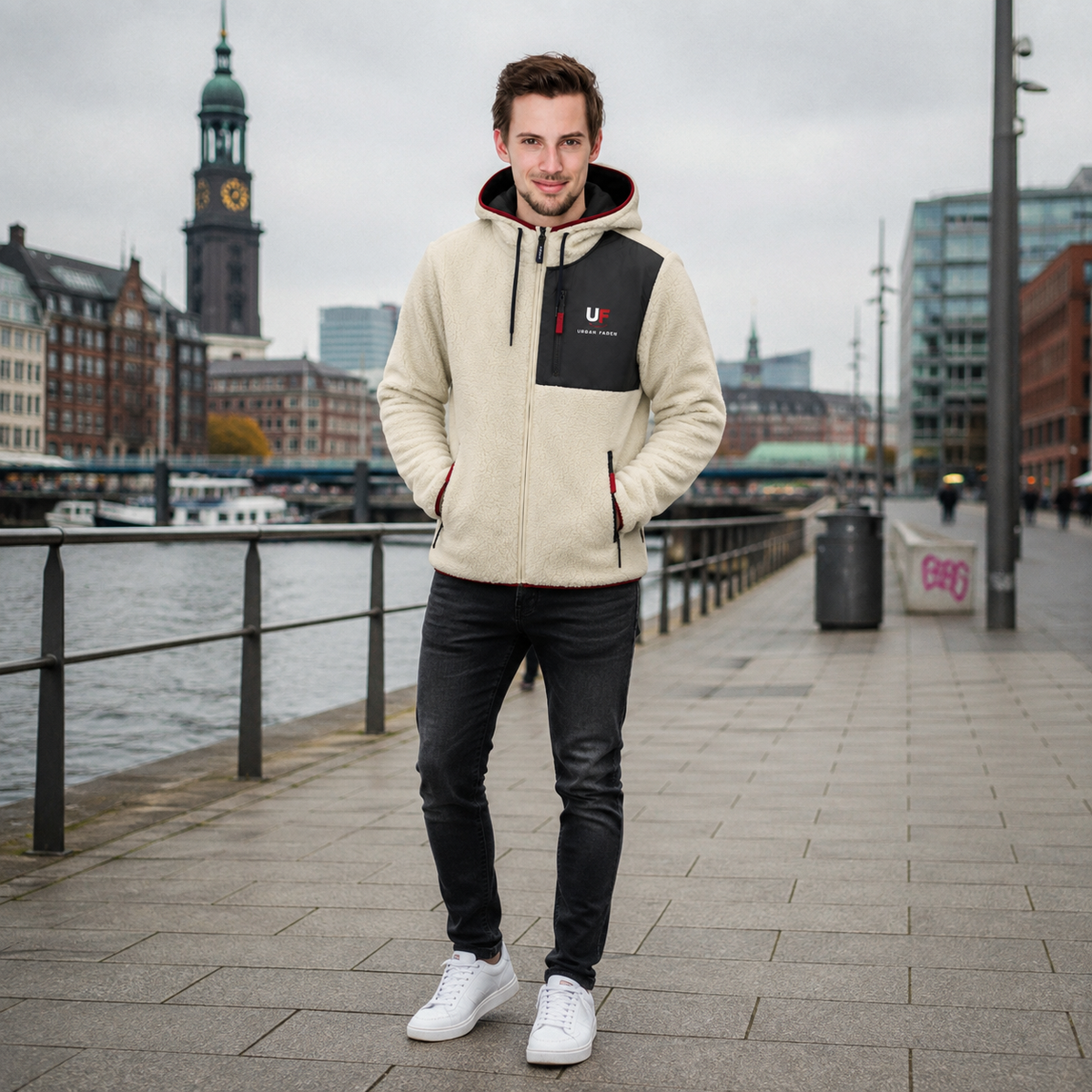 Urban Faden Logo auf dem Kontrast-Panel der Sherpa-Hoodie-Zip-Jacke – Detailansicht