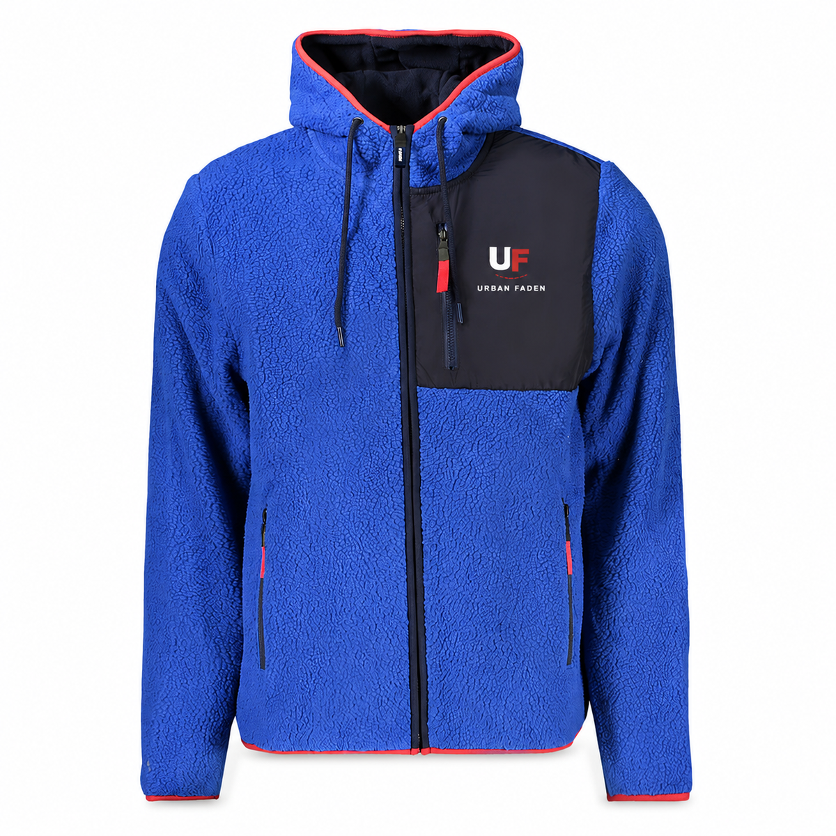 Urban Faden Herren Sherpa-Hoodie-Zip-Jacke in Königsblau – Vorderansicht mit Kapuze, schwarzem Kontrast-Panel und korallroten Akzenten