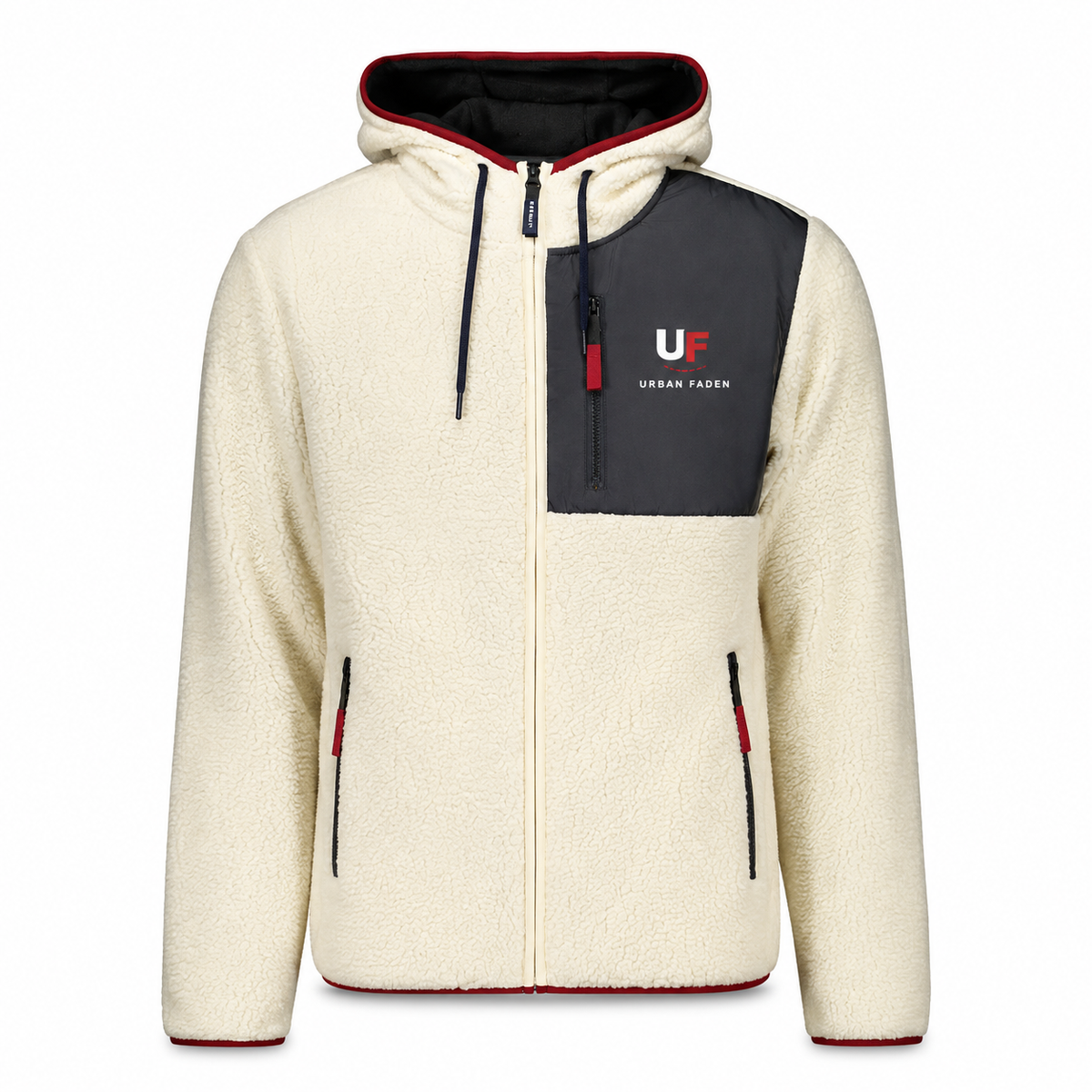 Urban Faden Herren Sherpa-Hoodie-Zip-Jacke in Naturweiß – Vorderansicht mit Kapuze, Anthrazit-Kontrast-Panel und korallroten Akzenten