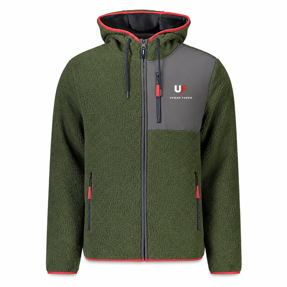 Urban Faden Herren Sherpa-Hoodie-Zip-Jacke in Olivgrün – Vorderansicht mit Kapuze, Grau-Kontrast-Panel und korallroten Akzenten