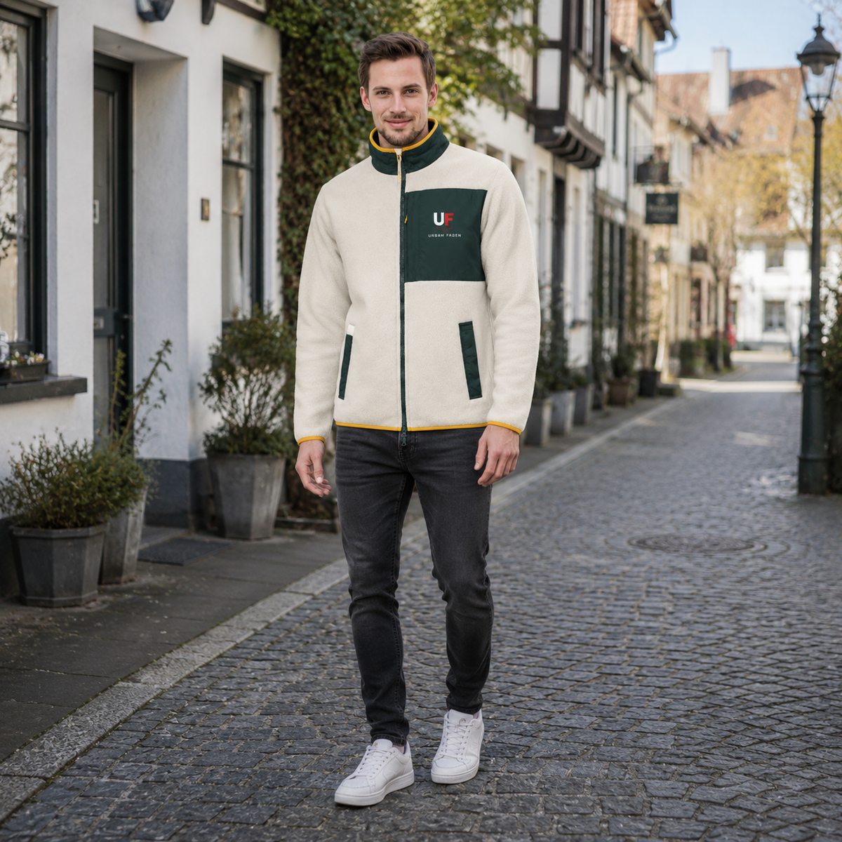 Urban Faden Fleece-Zip-Jacke in Creme – Vorderansicht
